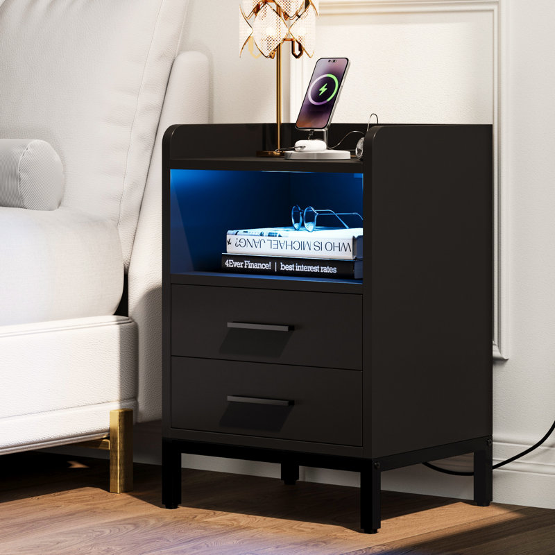 Areil 28 H 2 Drawer Nightstand with Power Outlets LED Lights Wade Logan Color Black